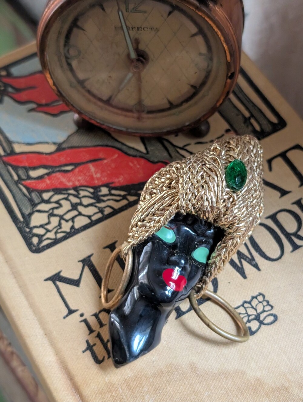 Vintage ethnic lady face brooch pin, ceramic handmade woman w turbin pin
